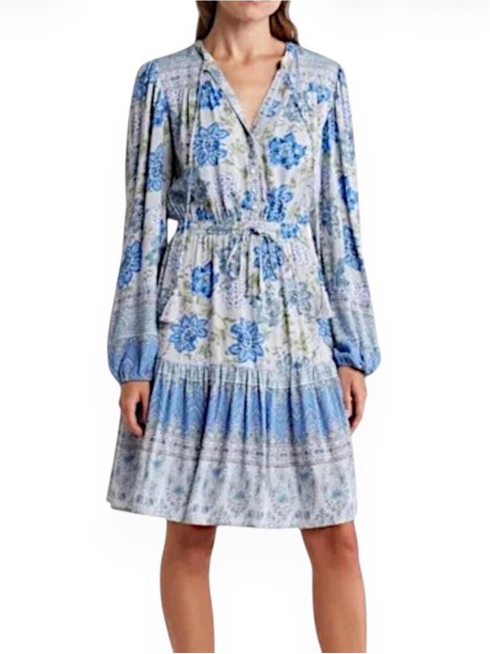 LUCKY BRAND Long Sleeve Tiered V-Neck 1/2 Button Front Midi Dress Blue Floral M